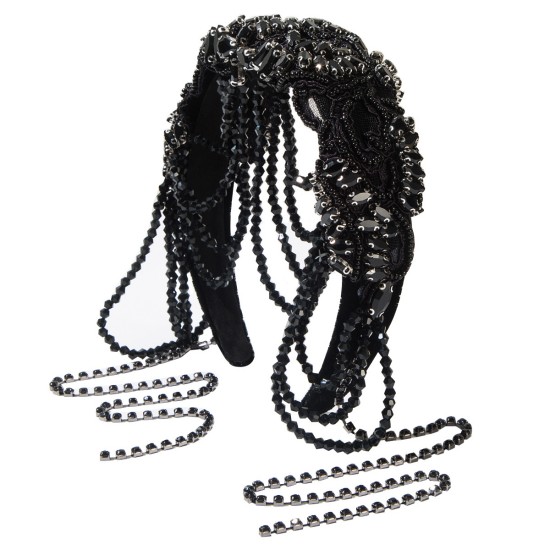 Geometric Beaded Velvet Headband with Tassel Accents